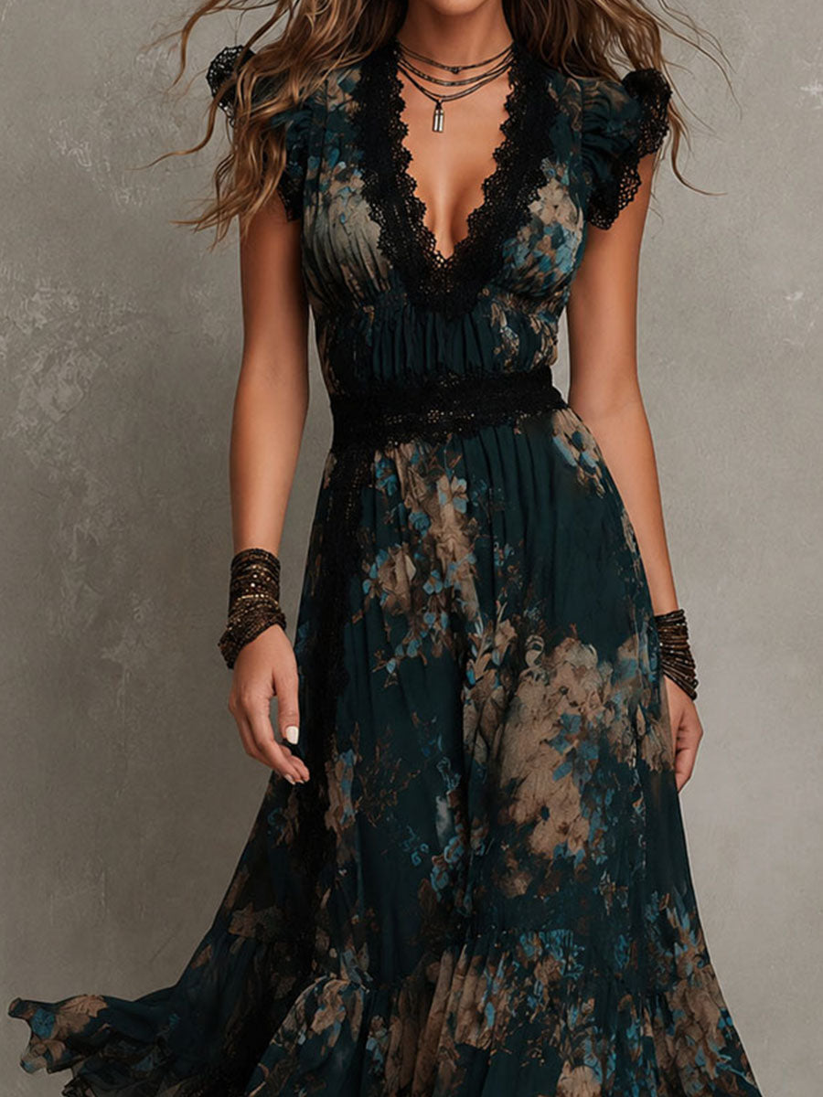 VICTORIA | DARK FLORAL LAYERED MAXI DRESS