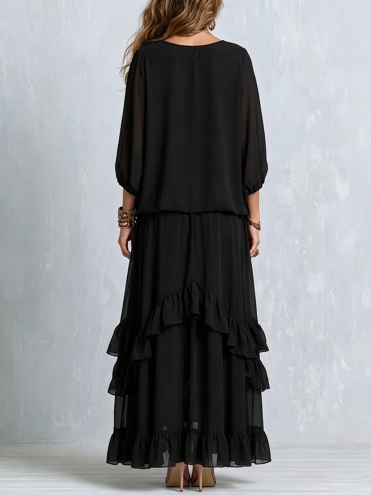 Tabitha black chiffon ruffle skirt set, full-length back view with layered ruffles
