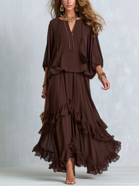 Ondine | Brown Fringe Top & Ruffle Skirt Set