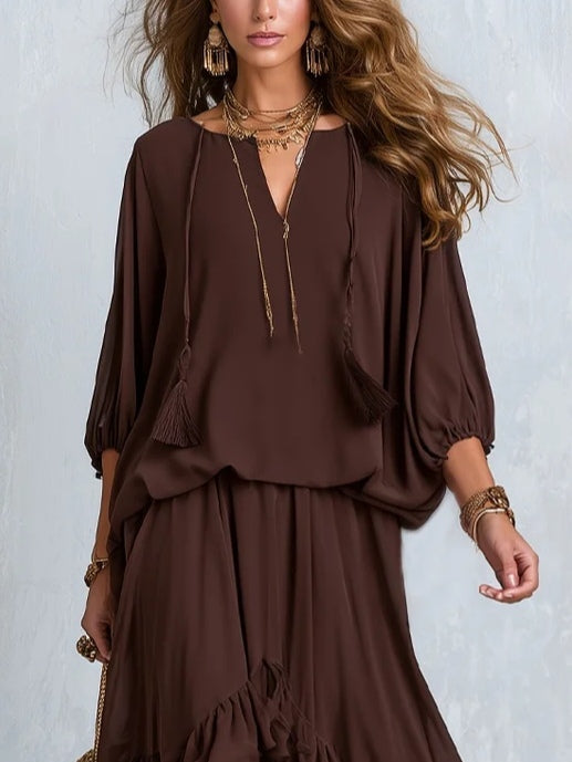 Ondine | Brown Fringe Top & Ruffle Skirt Set