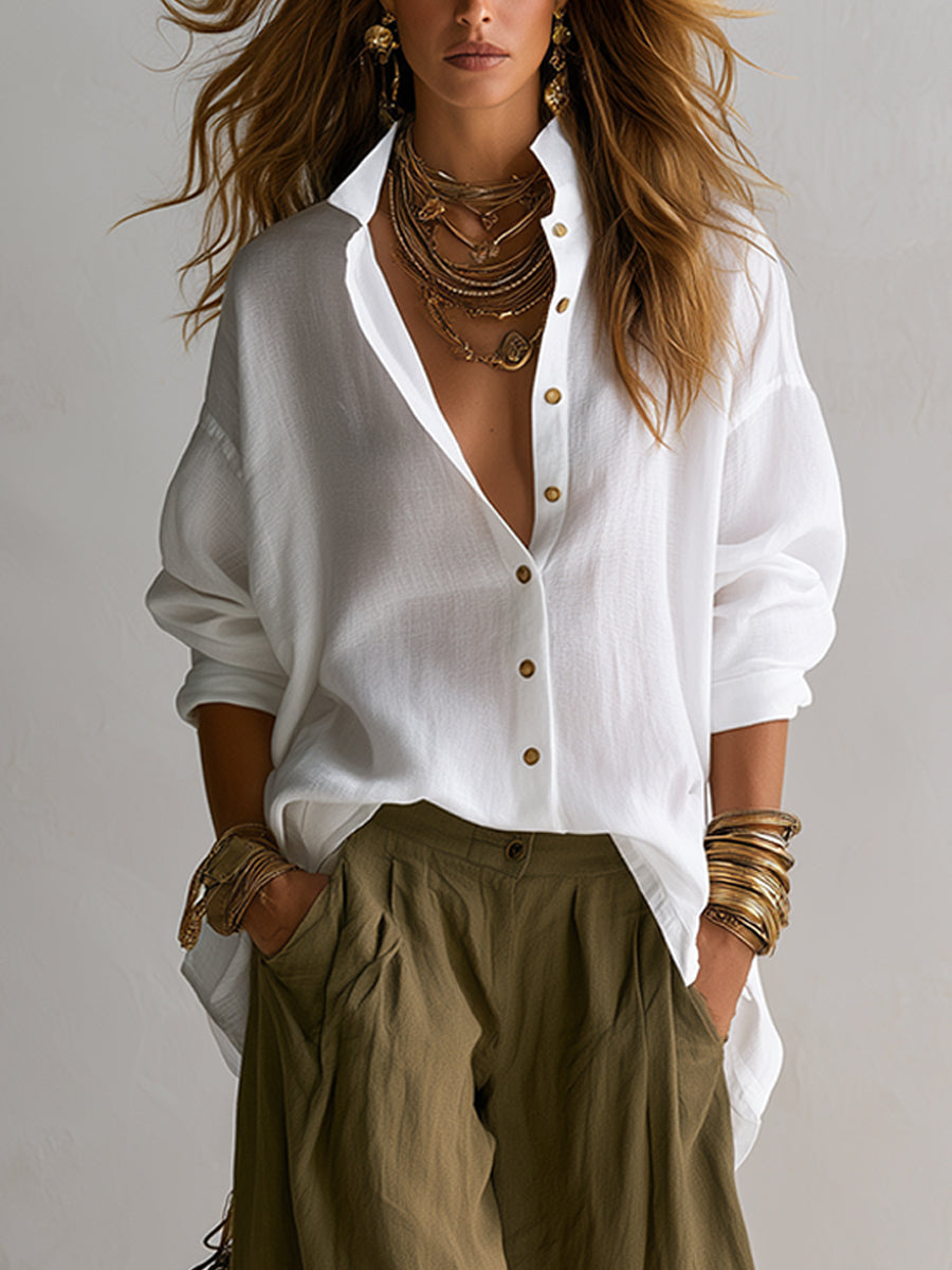 Capucine | White Relaxed Shirt & Olive Green Lantern Trousers Set