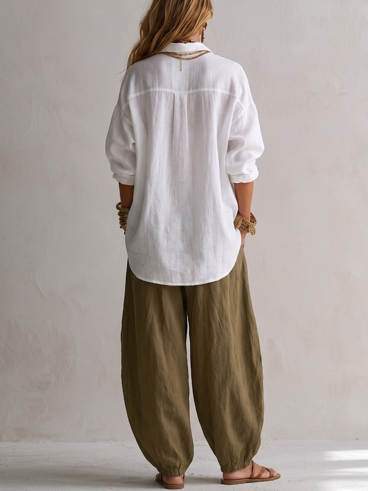 Capucine | White Relaxed Shirt & Olive Green Lantern Trousers Set