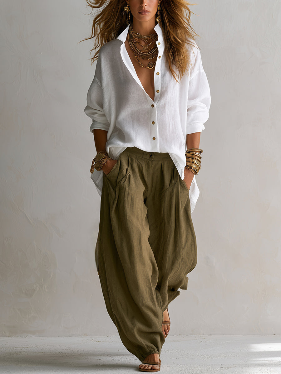 Relaxed White Shirt & Wide-Leg Lantern Trousers Set