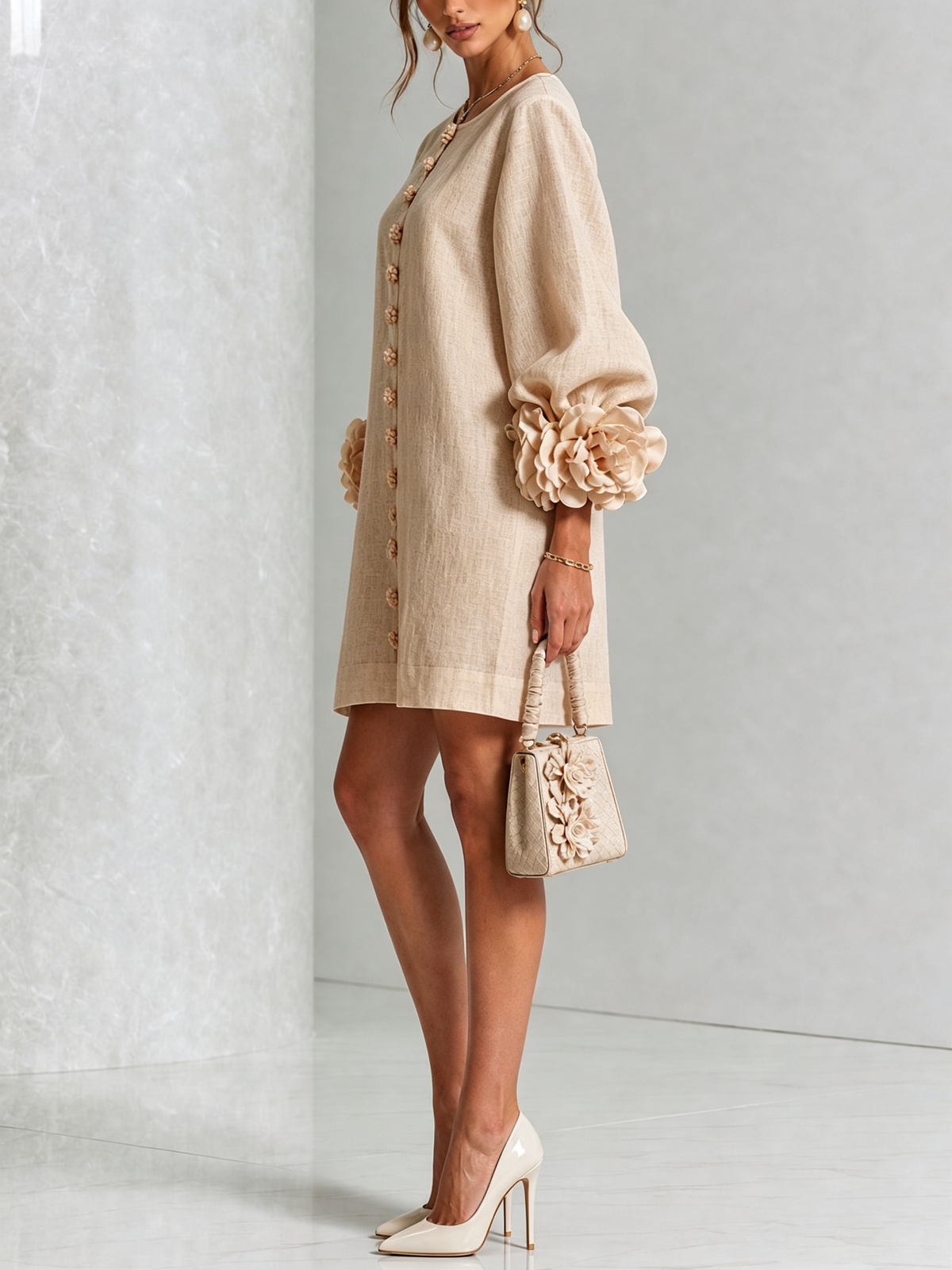 Ambra | Relaxed Mini Dress with Rose Cuffs, Beige