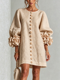 Ambra | Relaxed Mini Dress with Rose Cuffs, Beige