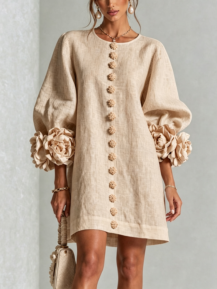 Ambra | Relaxed Mini Dress with Rose Cuffs, Beige