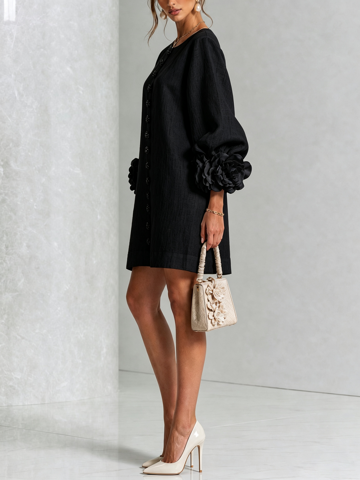 Cecilia | Relaxed Mini Dress with Rose Cuffs, Black