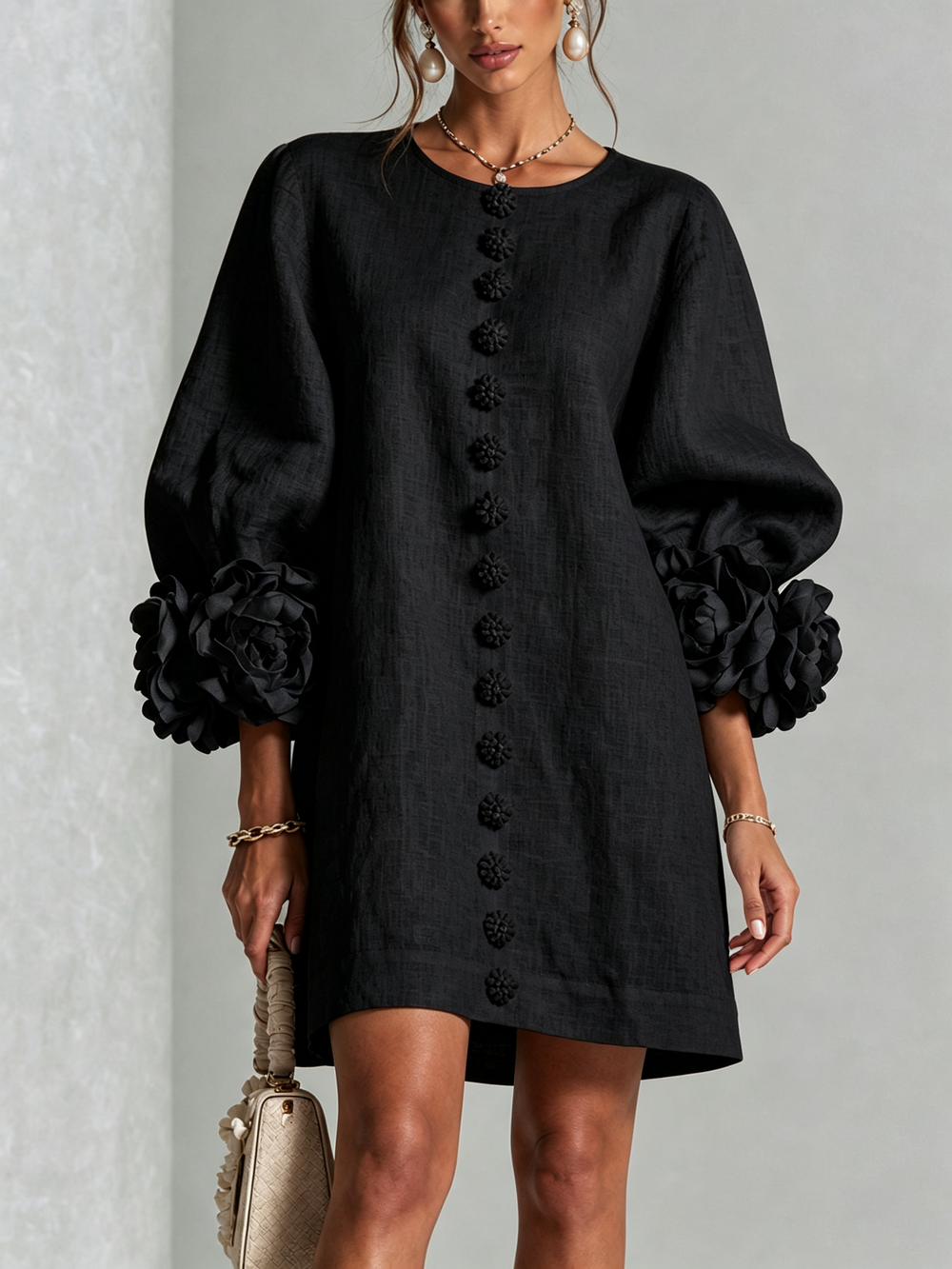 Cecilia | Relaxed Mini Dress with Rose Cuffs, Black