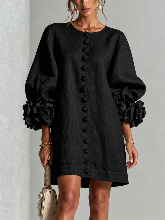 Cecilia | Relaxed Mini Dress with Rose Cuffs, Black
