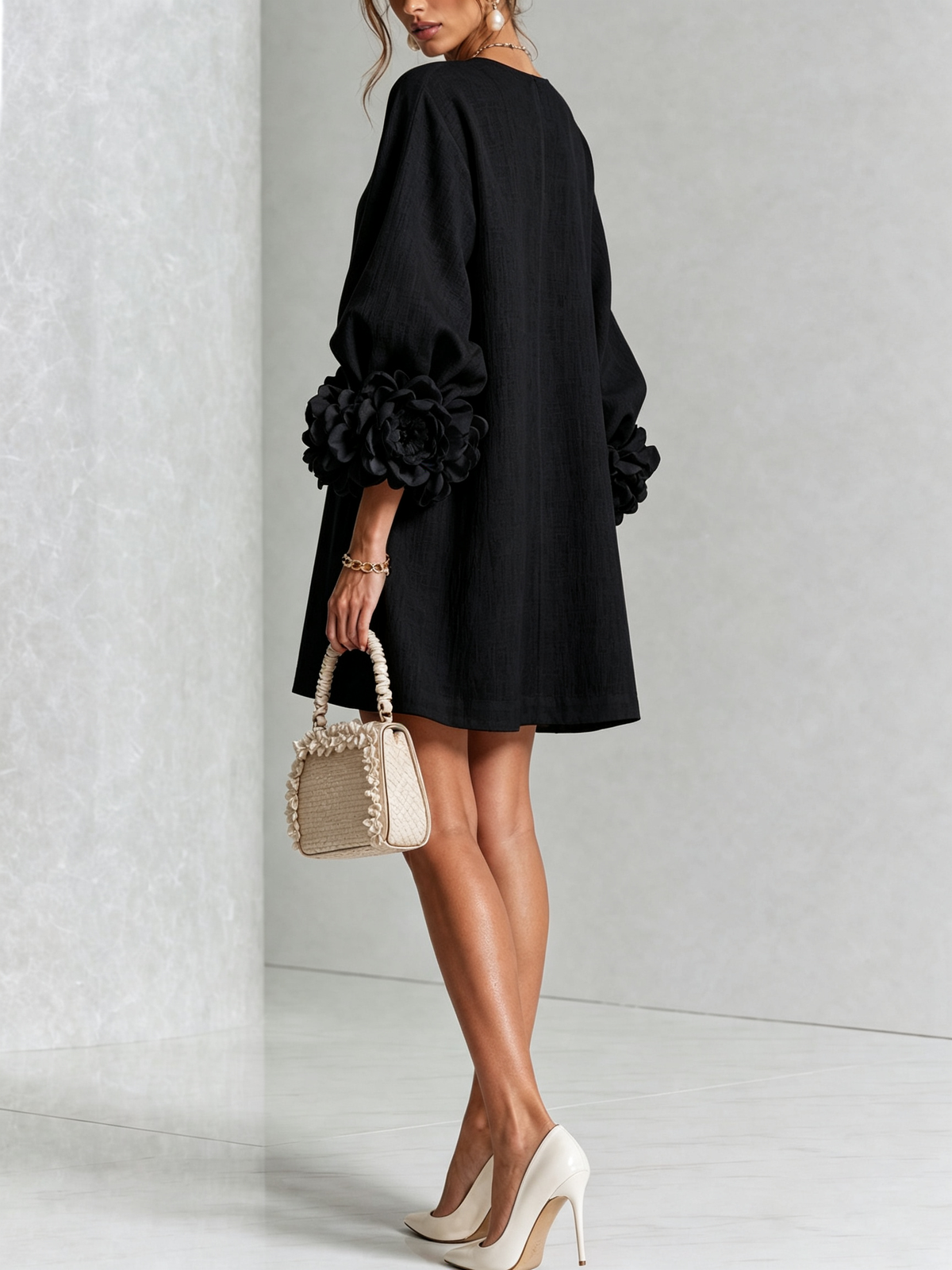 Cecilia | Relaxed Mini Dress with Rose Cuffs, Black
