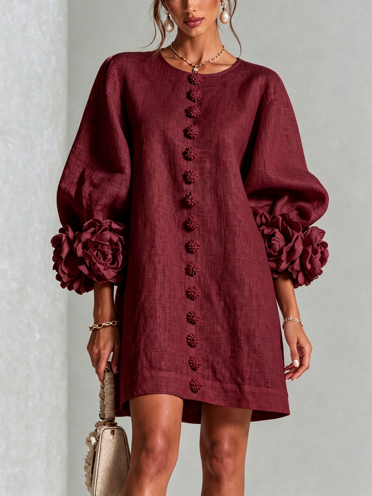 Ilaria | Relaxed Mini Dress with Rose Cuffs, Burgundy