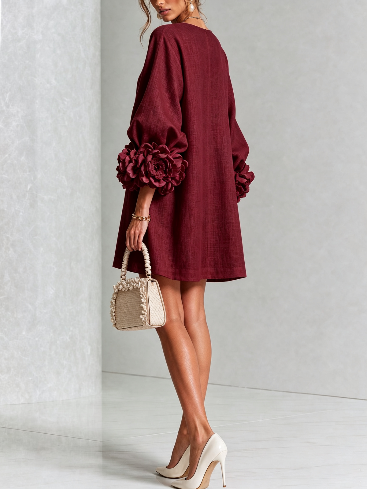 Ilaria | Relaxed Mini Dress with Rose Cuffs, Burgundy