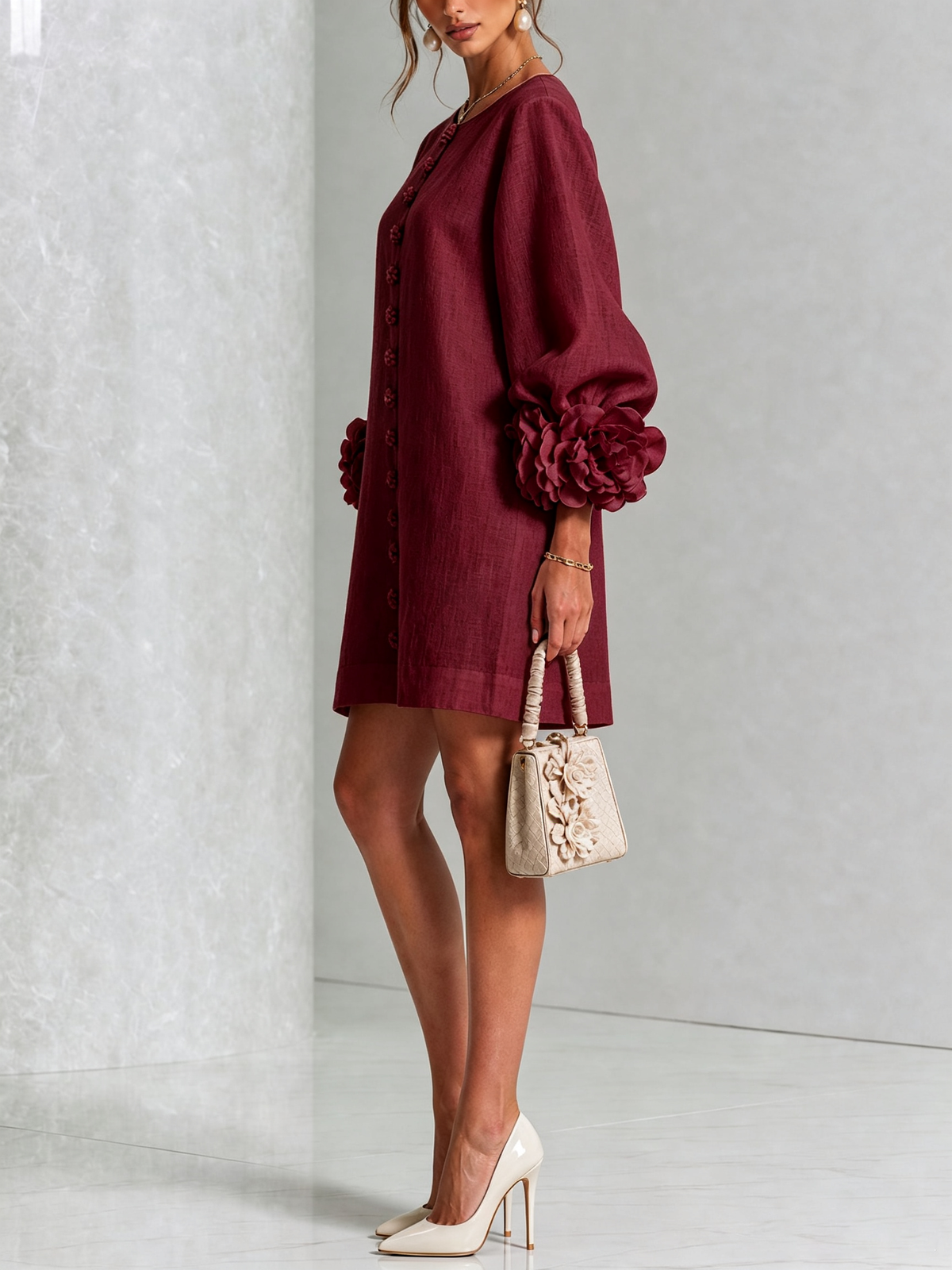 Ilaria | Relaxed Mini Dress with Rose Cuffs, Burgundy
