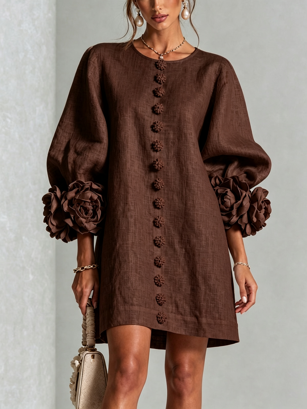 Bruna | Relaxed Mini Dress with Rose Cuffs, Chocolate Brown
