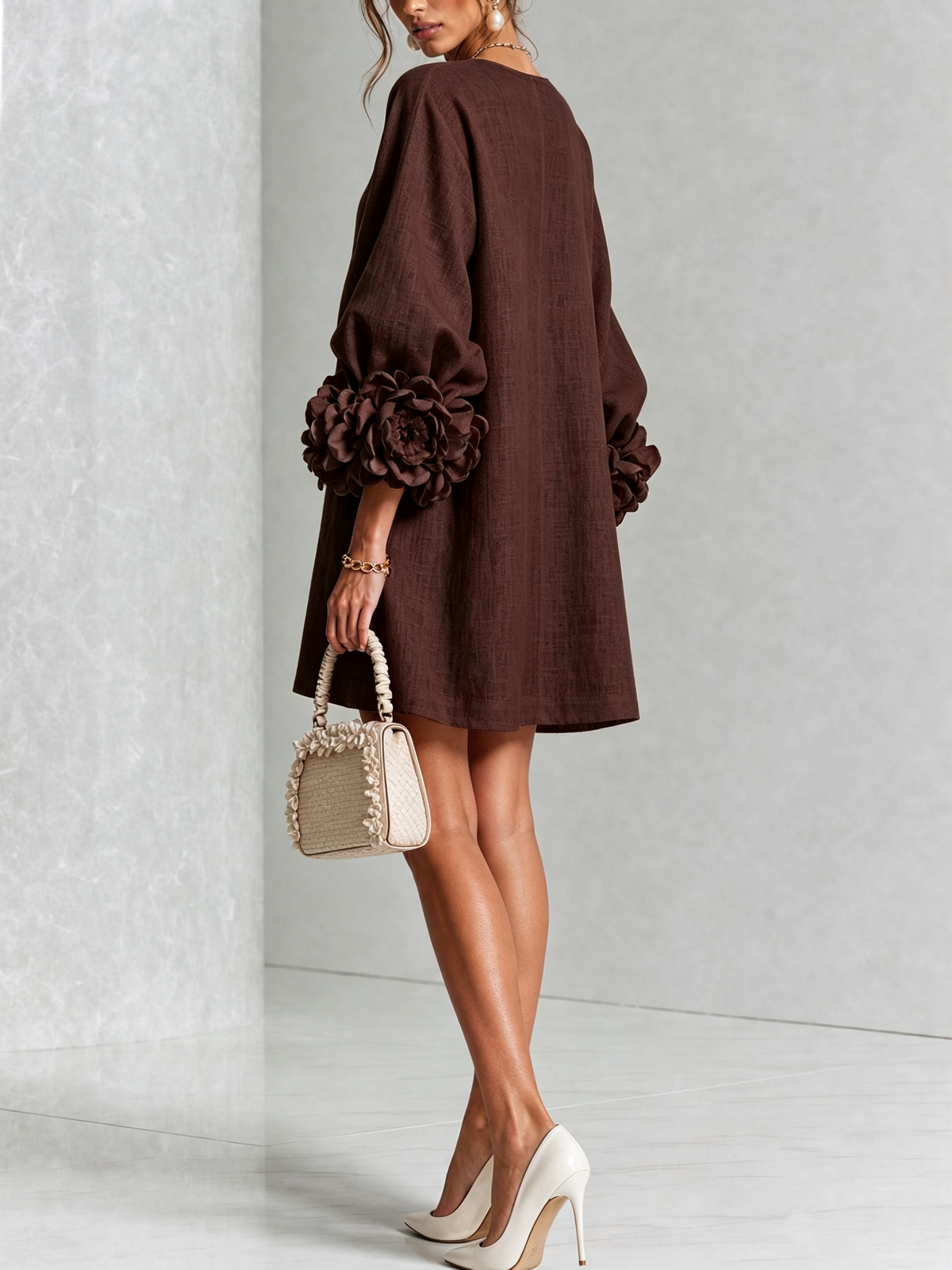 Bruna | Relaxed Mini Dress with Rose Cuffs, Chocolate Brown