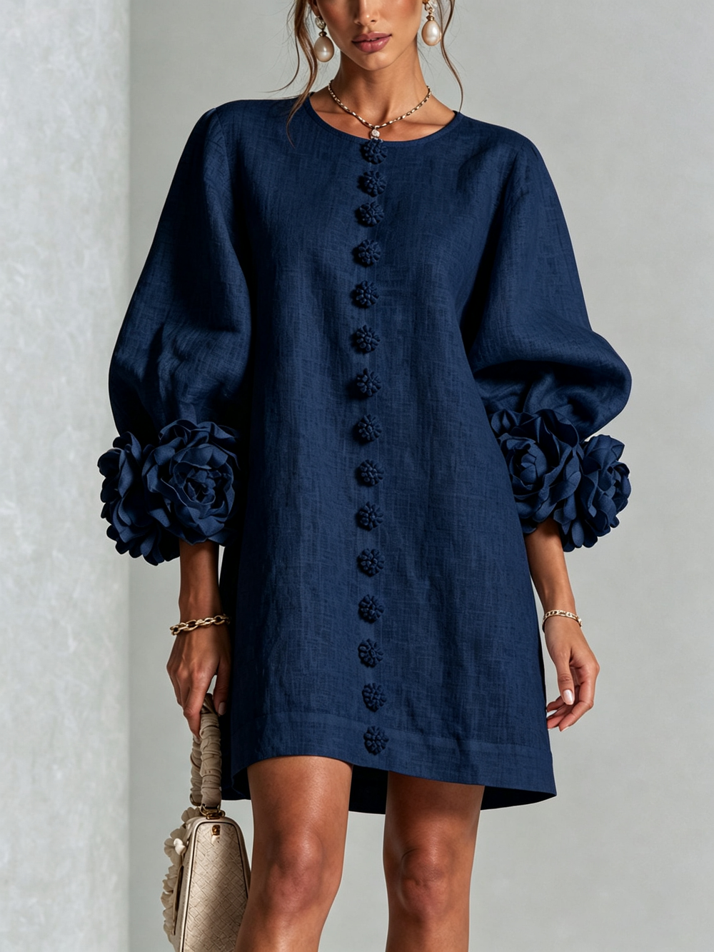 Marina | Relaxed Mini Dress with Rose Cuffs, Navy Blue