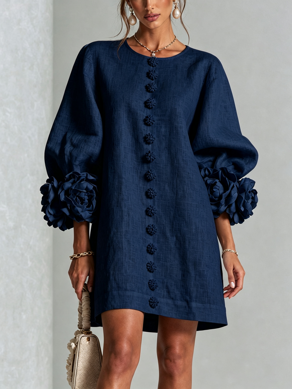 Marina | Relaxed Mini Dress with Rose Cuffs, Navy Blue