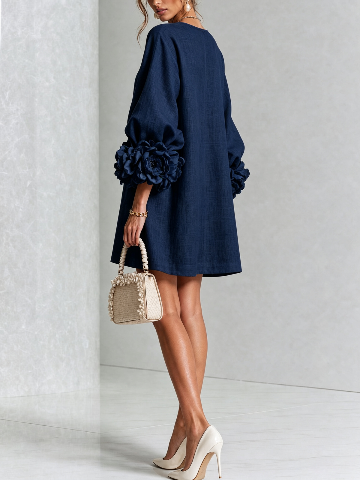Marina | Relaxed Mini Dress with Rose Cuffs, Navy Blue