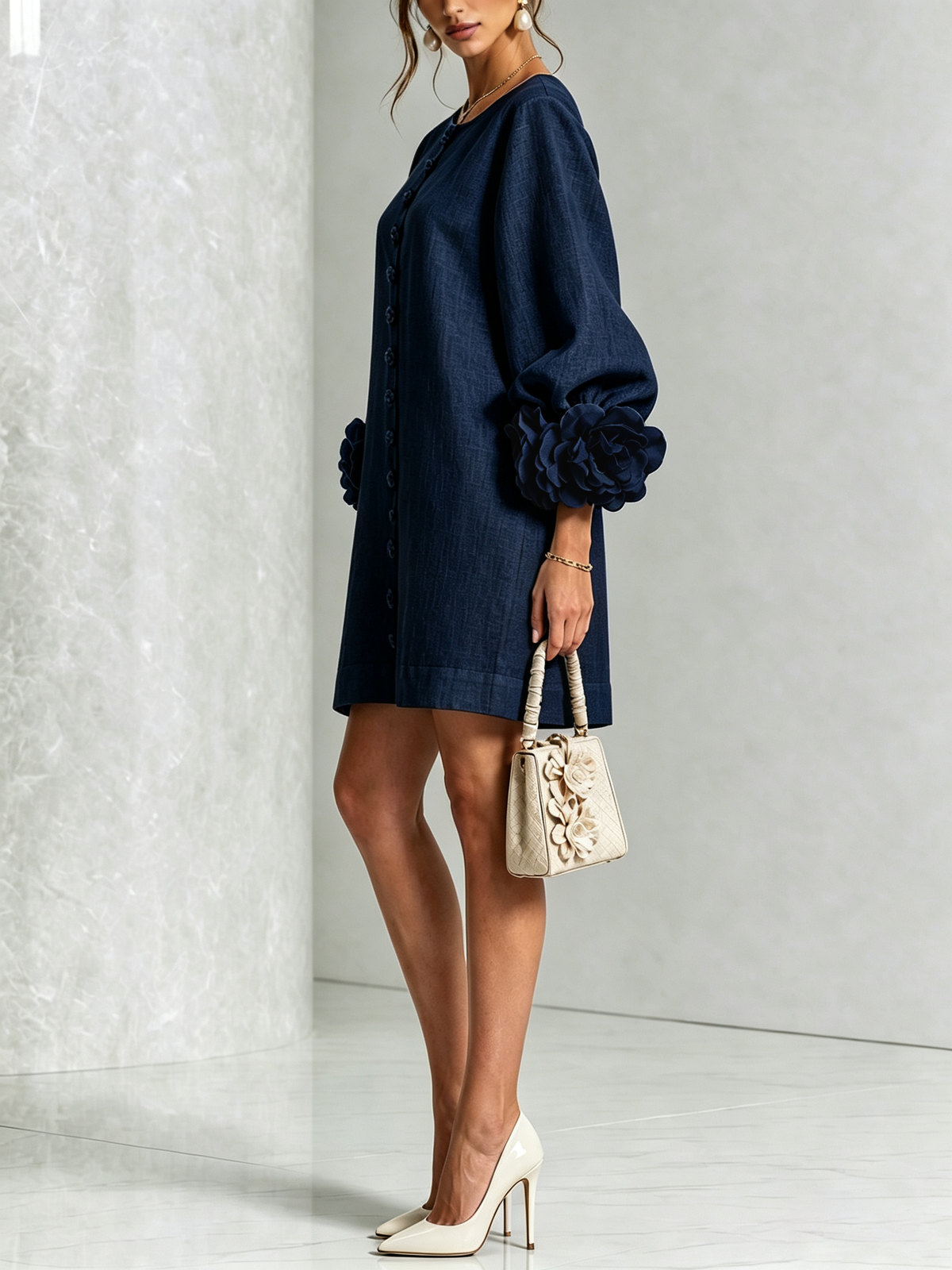 Marina | Relaxed Mini Dress with Rose Cuffs, Navy Blue