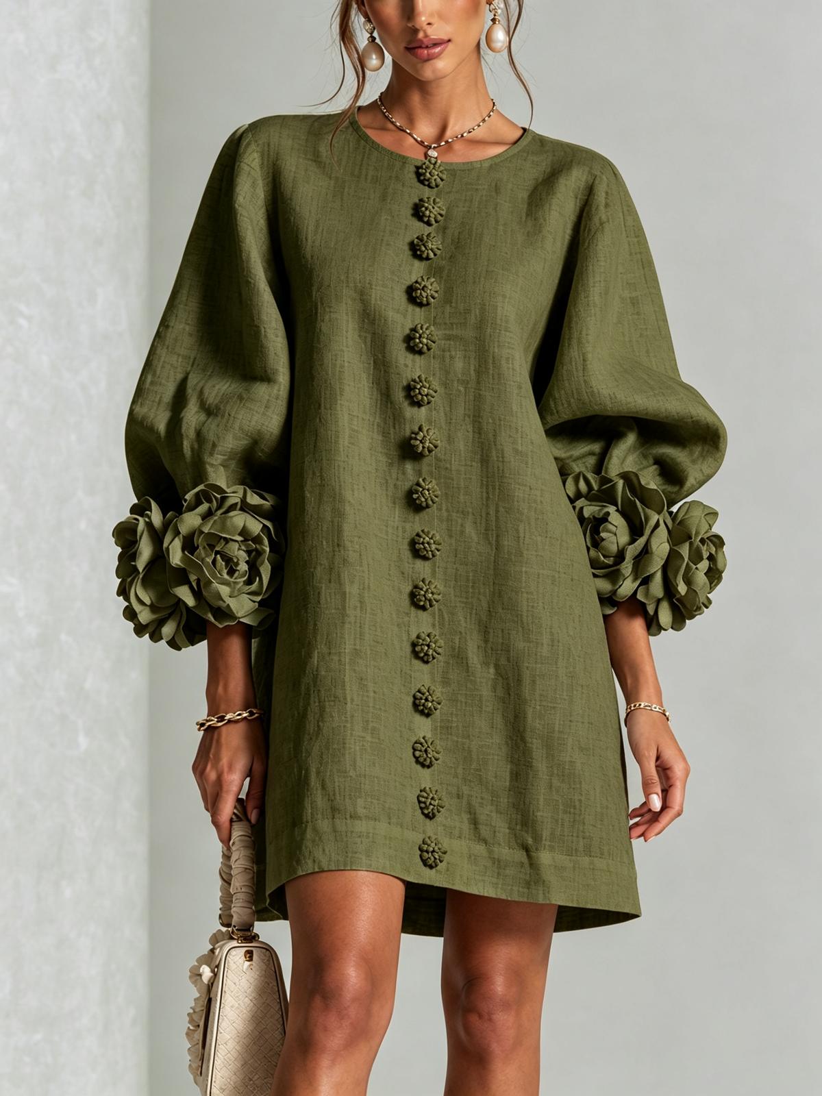 Gaia | Relaxed Mini Dress with Rose Cuffs, Olive Green
