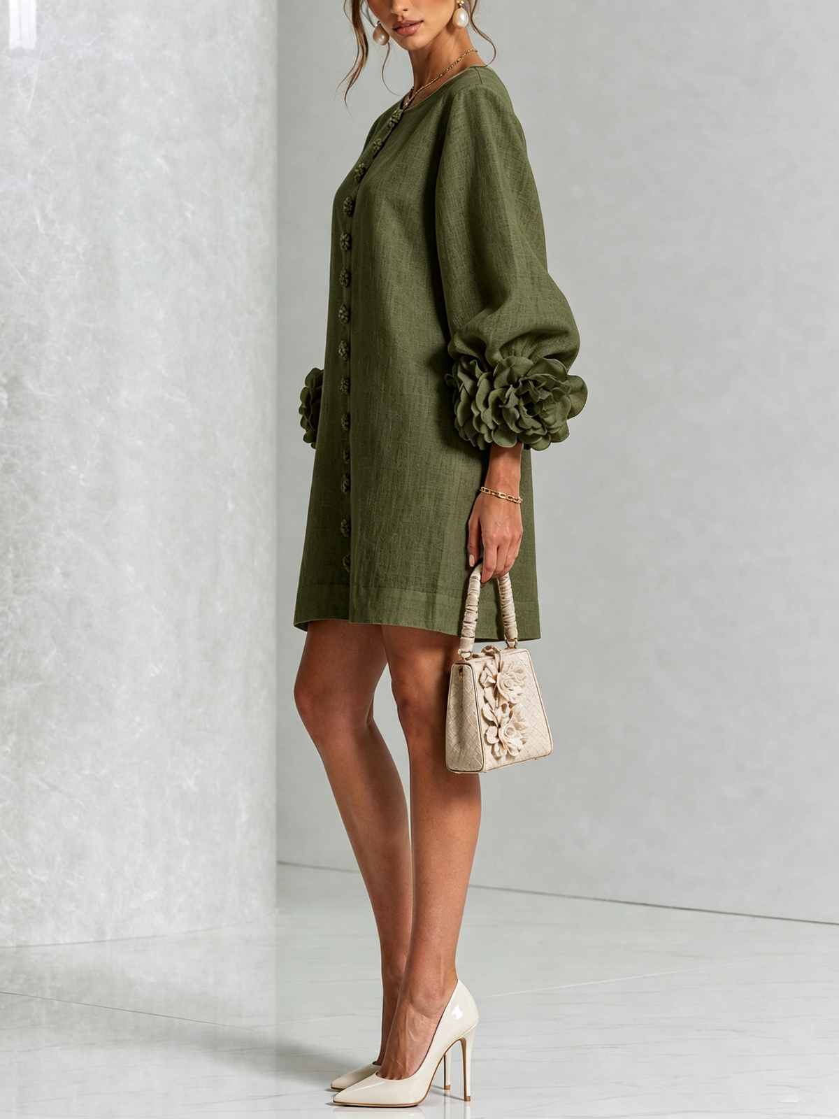 Gaia | Relaxed Mini Dress with Rose Cuffs, Olive Green