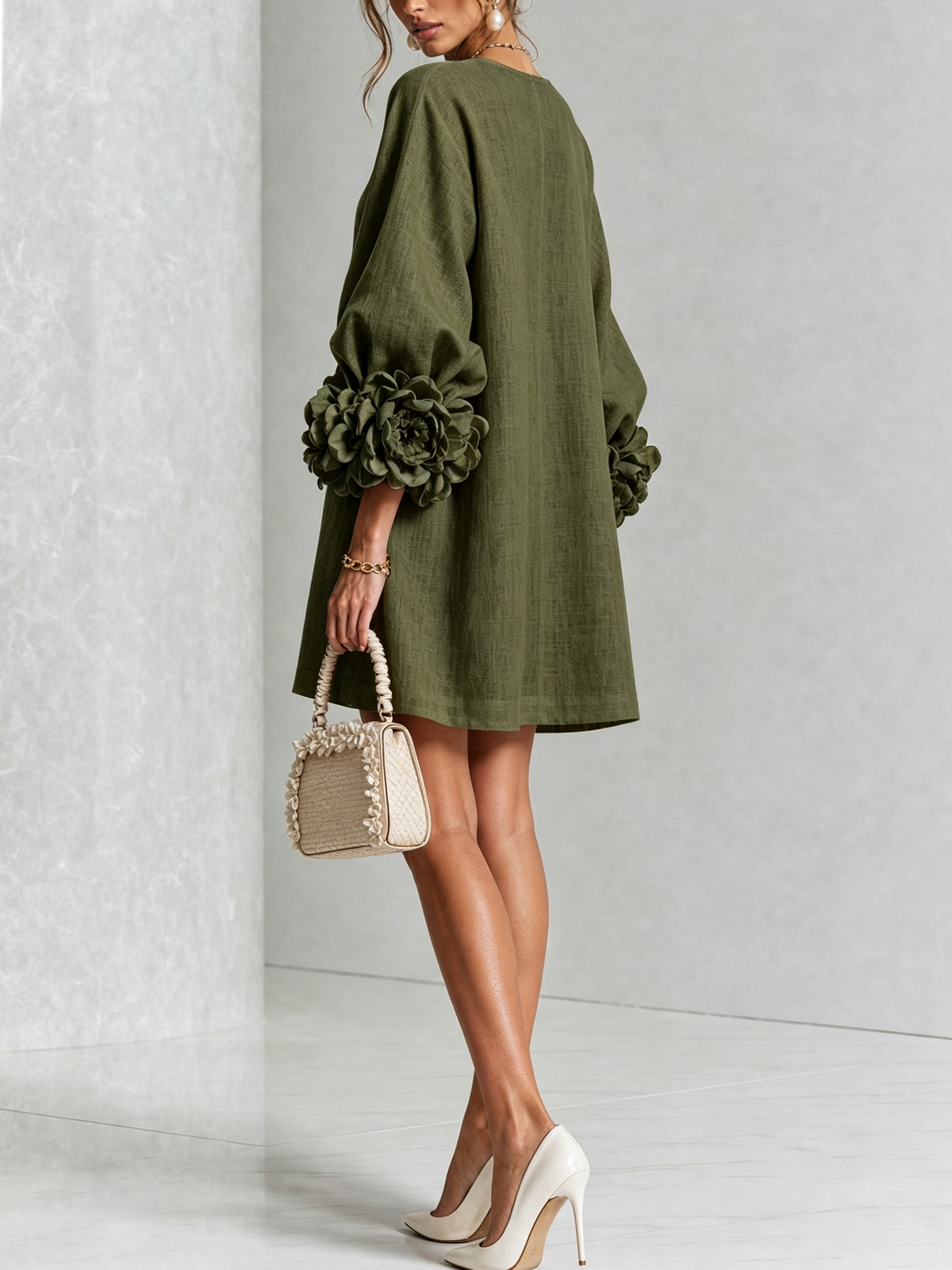 Gaia | Relaxed Mini Dress with Rose Cuffs, Olive Green