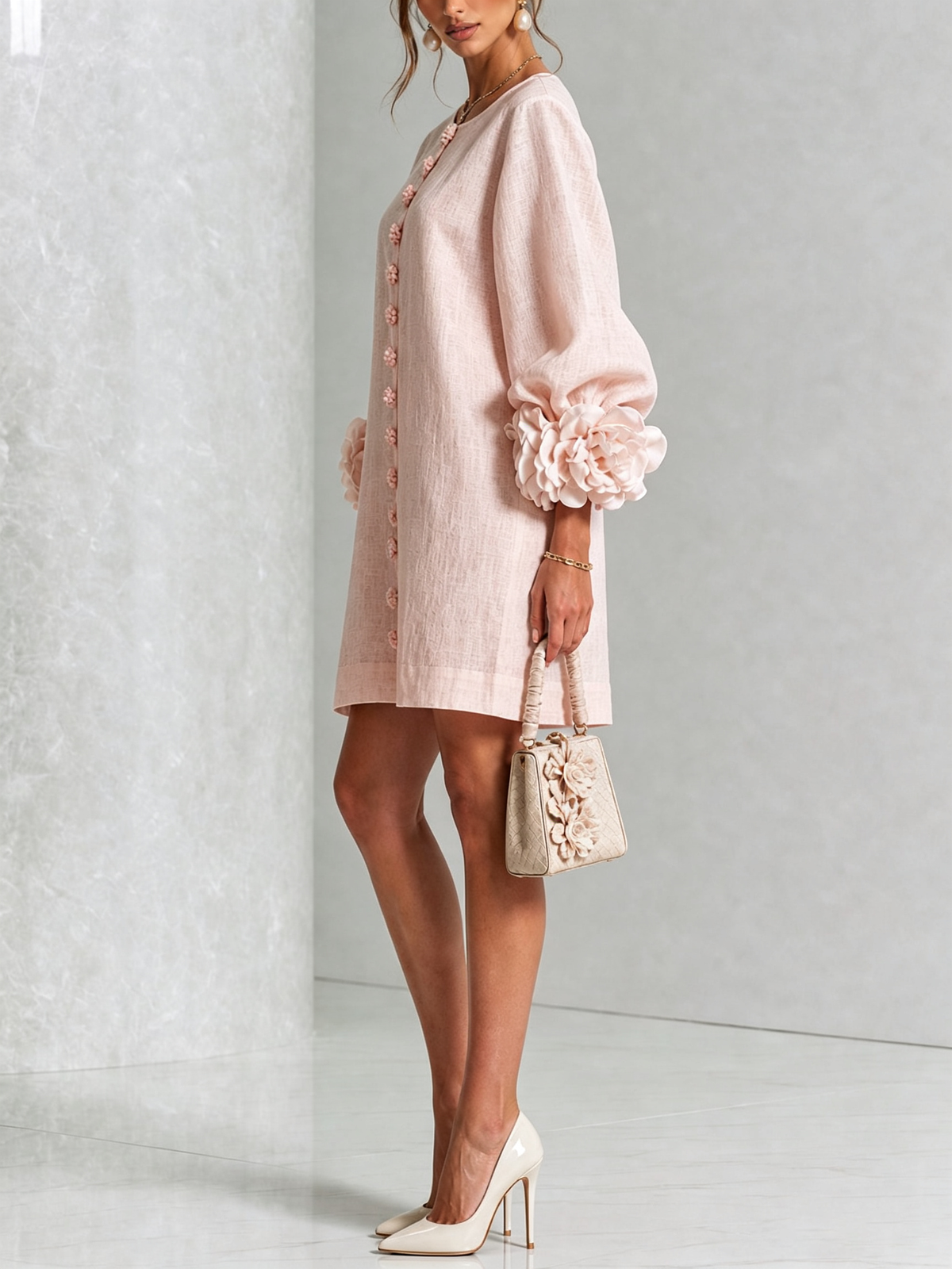 Frederica short floral-cuff dress in light pink, full-length side view