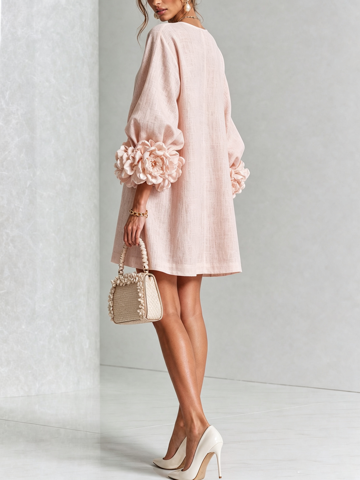 Noemi | Relaxed Mini Dress with Rose Cuffs, Pink