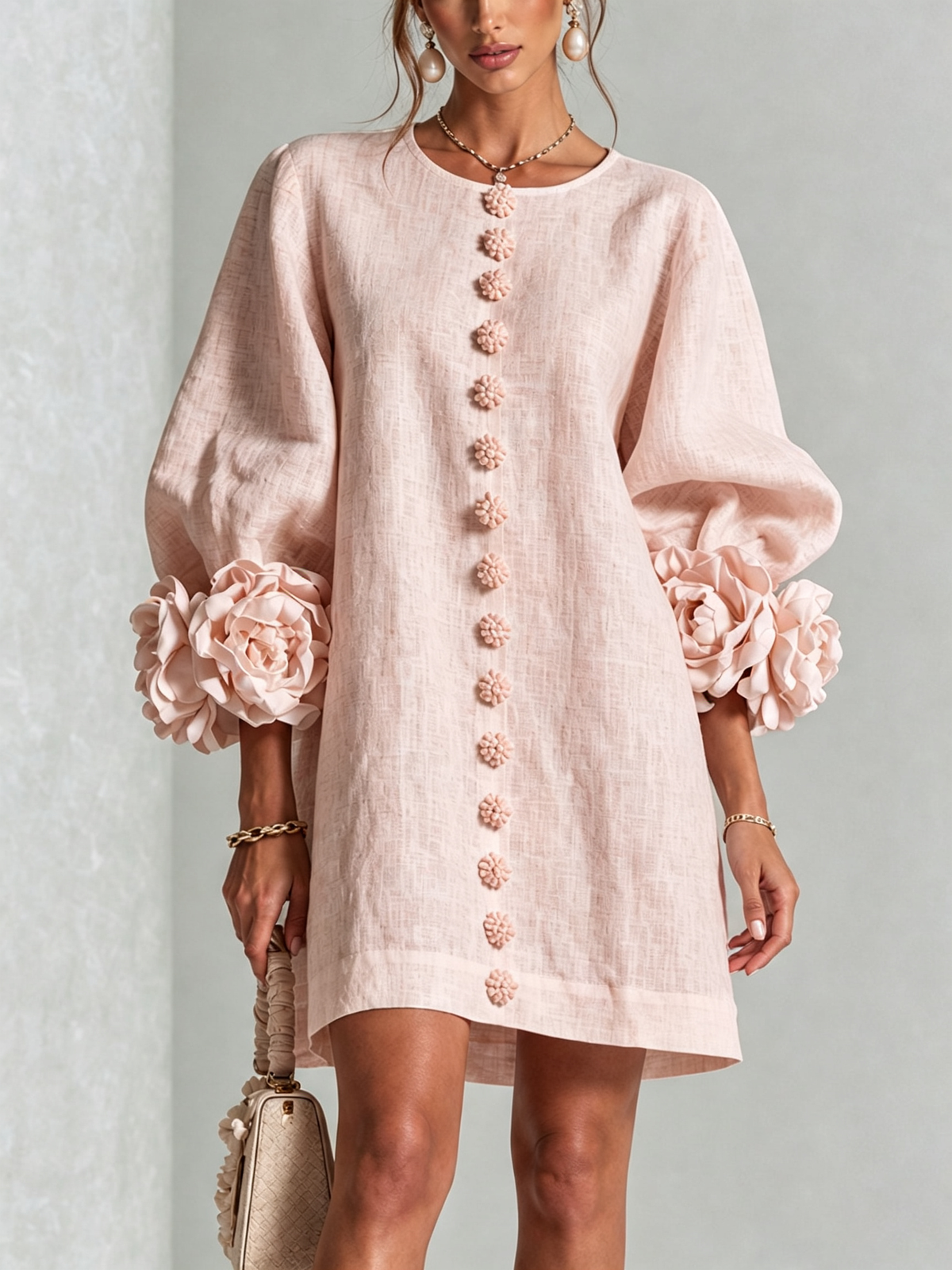 Noemi | Relaxed Mini Dress with Rose Cuffs, Pink