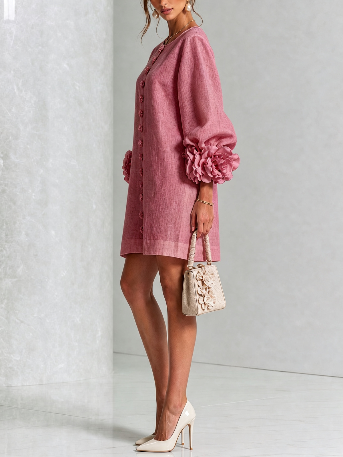 Alba | Relaxed Mini Dress with Rose Cuffs, Dusty Rose