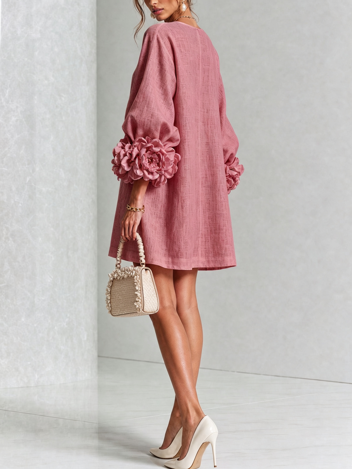 Alba | Relaxed Mini Dress with Rose Cuffs, Dusty Rose