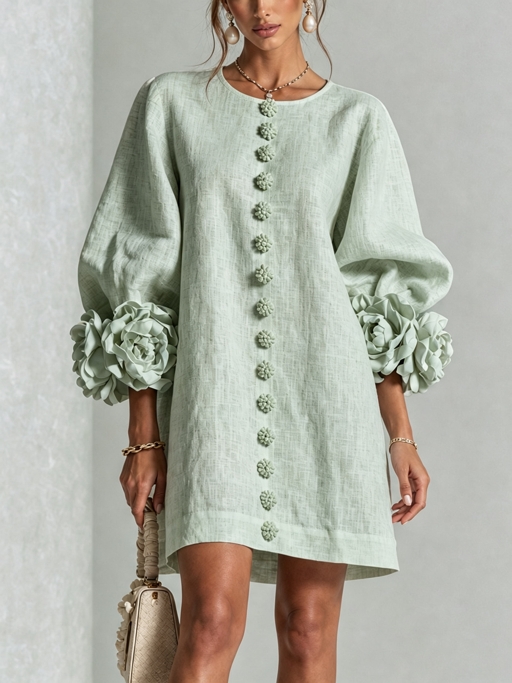 Delia | Relaxed Mini Dress with Rose Cuffs, Sage Green