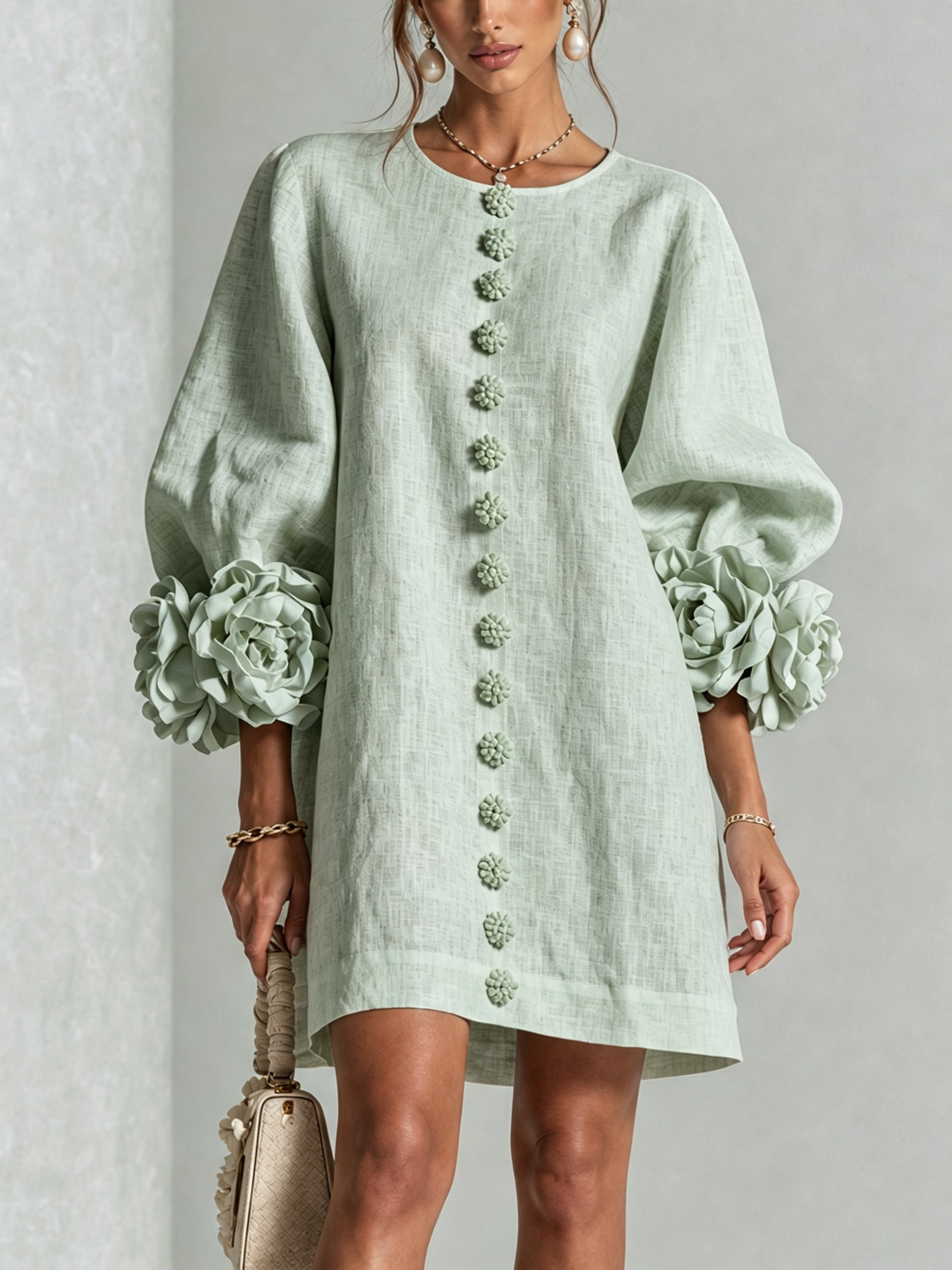 Delia | Relaxed Mini Dress with Rose Cuffs, Sage Green