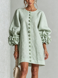 Delia | Relaxed Mini Dress with Rose Cuffs, Sage Green