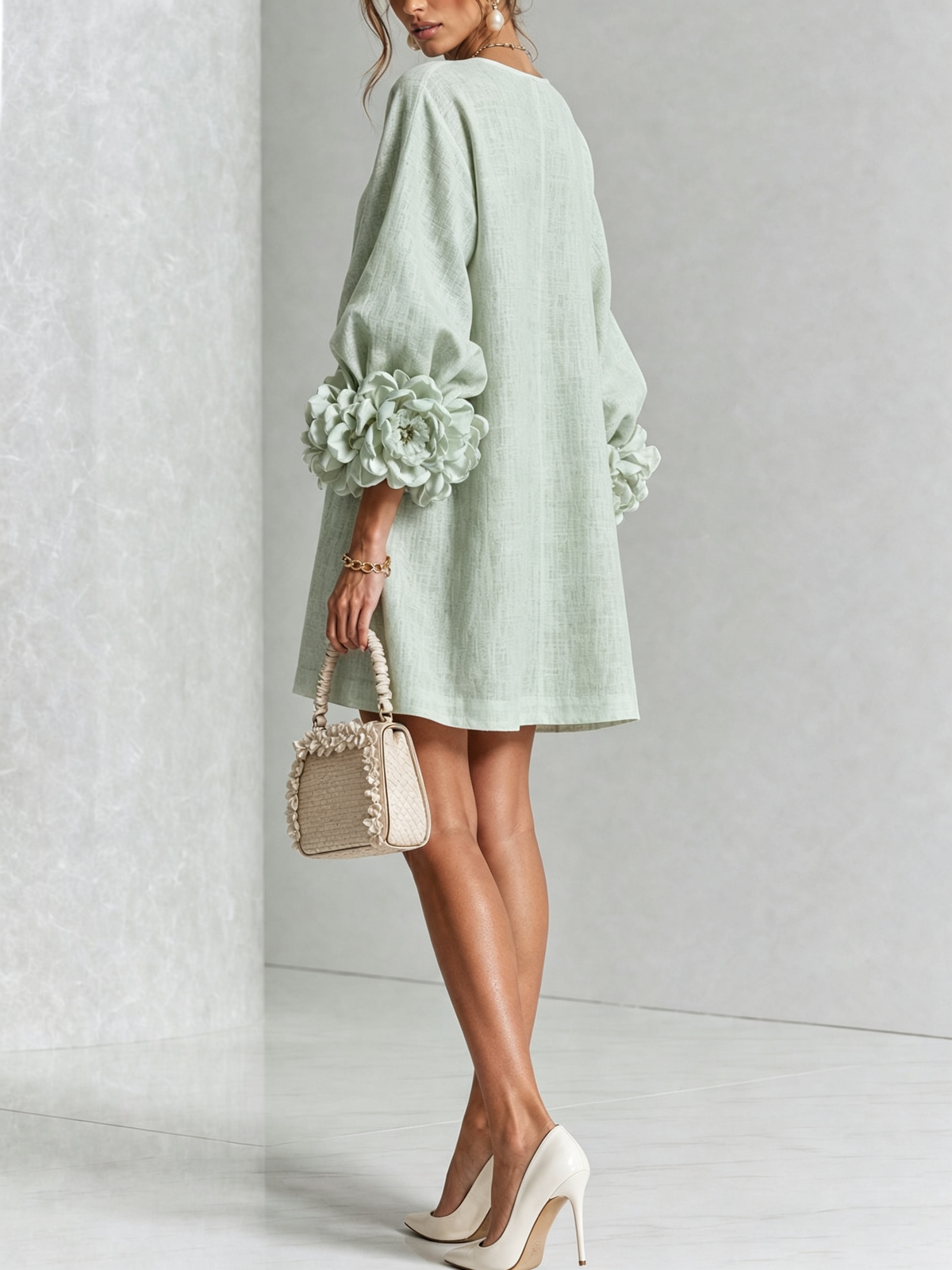 Delia | Relaxed Mini Dress with Rose Cuffs, Sage Green