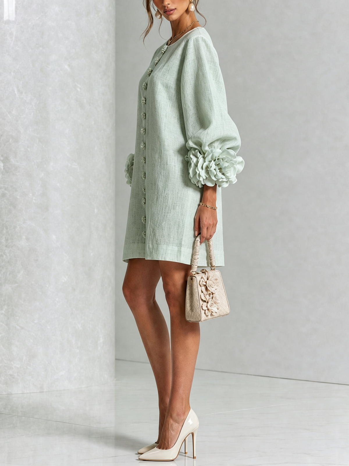 Delia | Relaxed Mini Dress with Rose Cuffs, Sage Green
