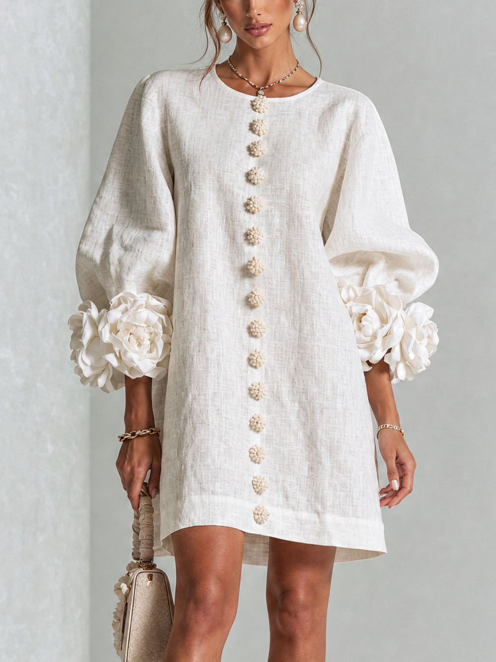 Chiara | Relaxed Mini Dress with Rose Cuffs, White