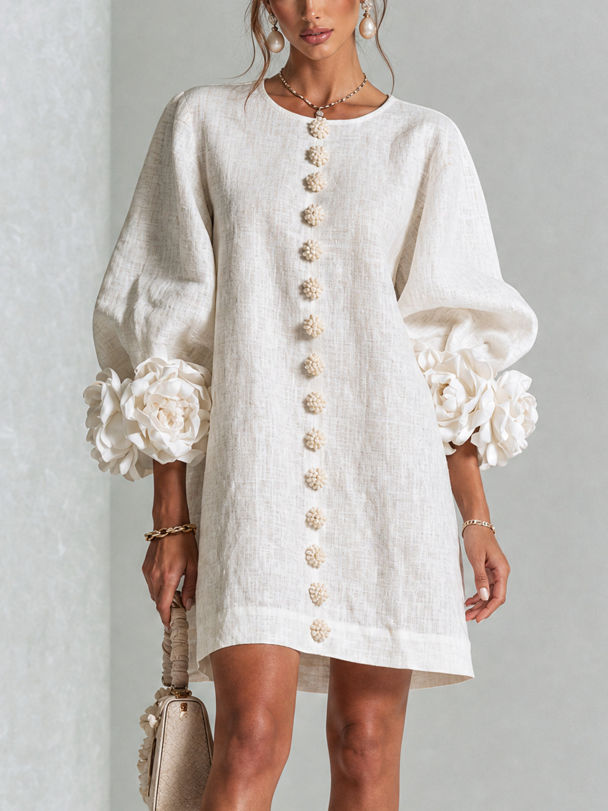 Chiara | Relaxed Mini Dress with Rose Cuffs, White