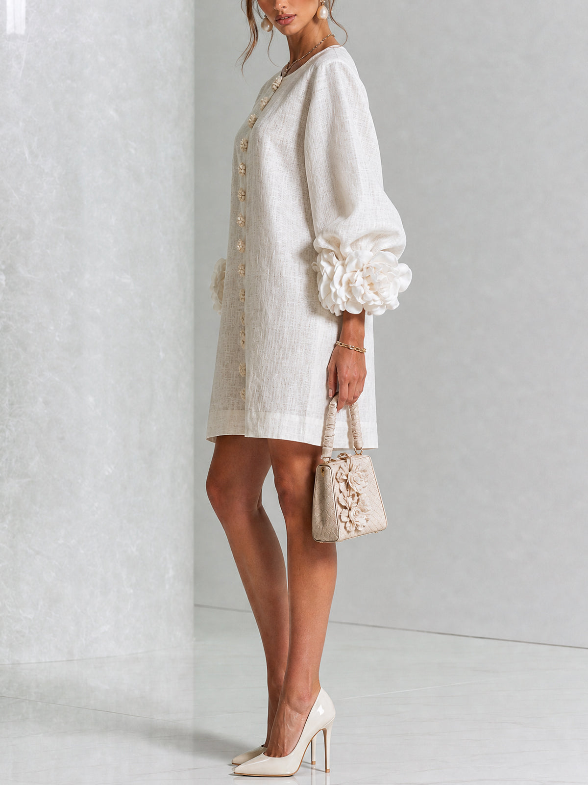 Chiara | Relaxed Mini Dress with Rose Cuffs, White