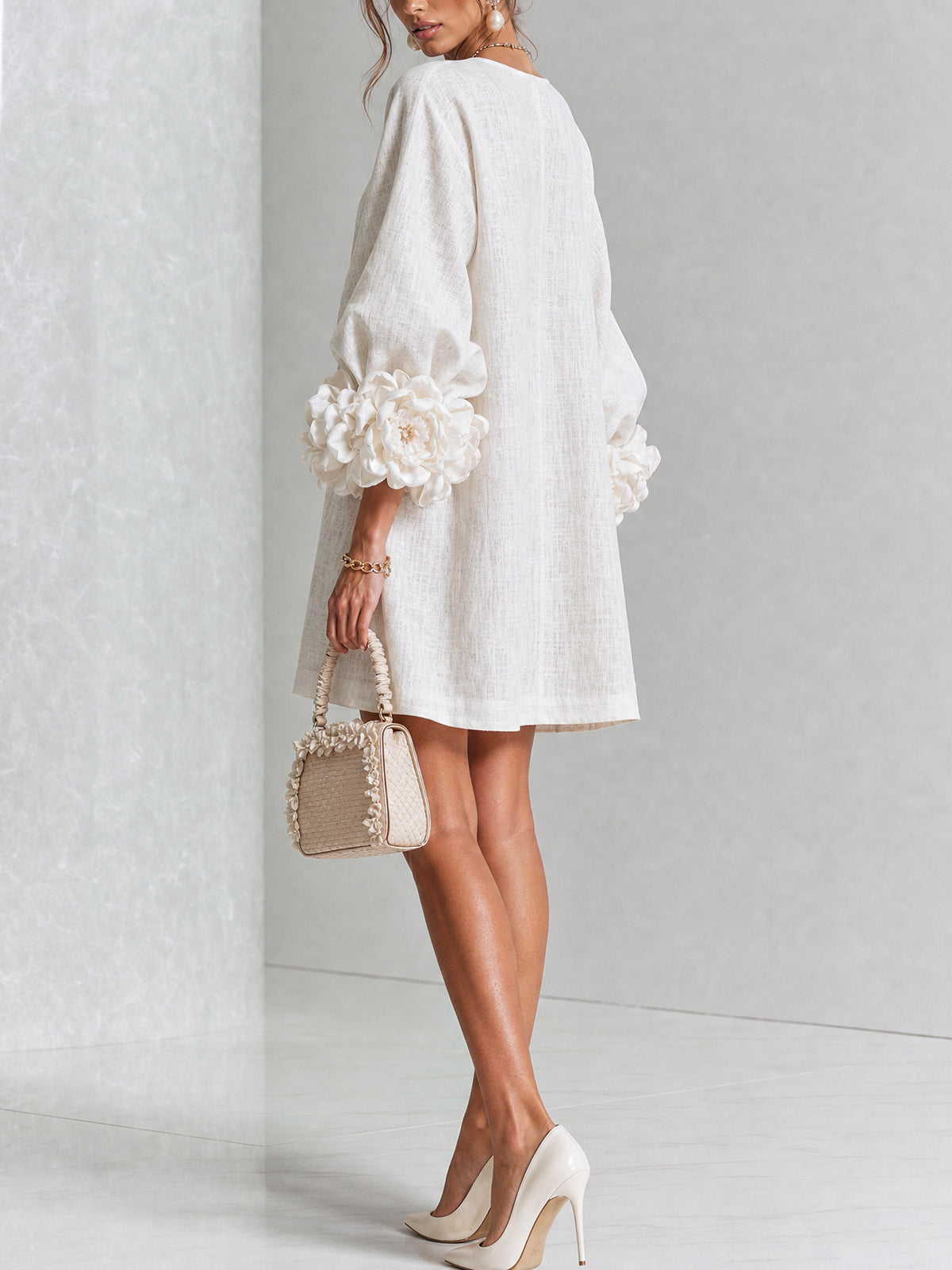 Chiara | Relaxed Mini Dress with Rose Cuffs, White