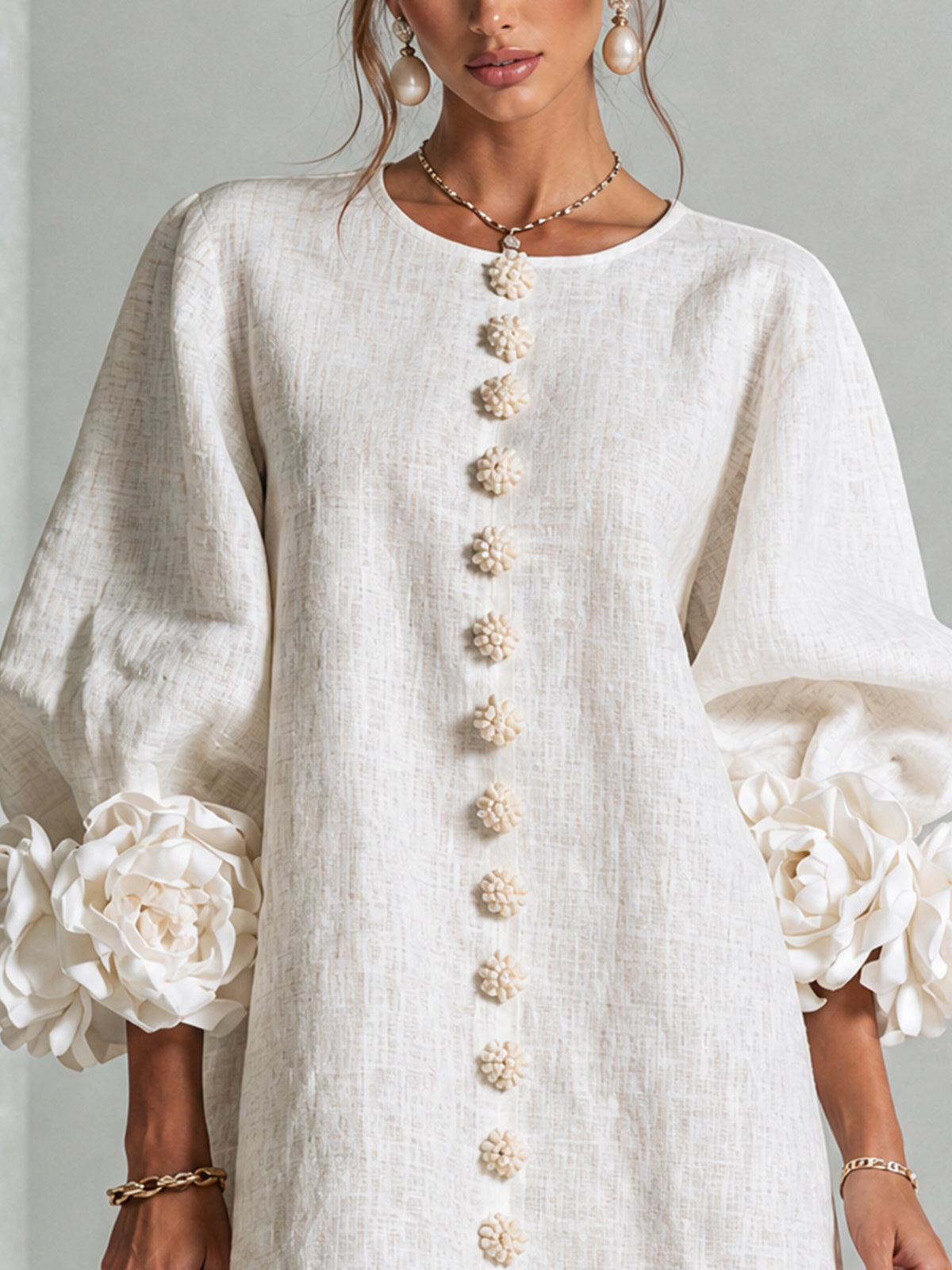 Chiara | Relaxed Mini Dress with Rose Cuffs, White