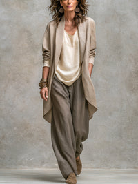 Elegant Beige-Grey Three-Piece Wide-Leg Suit