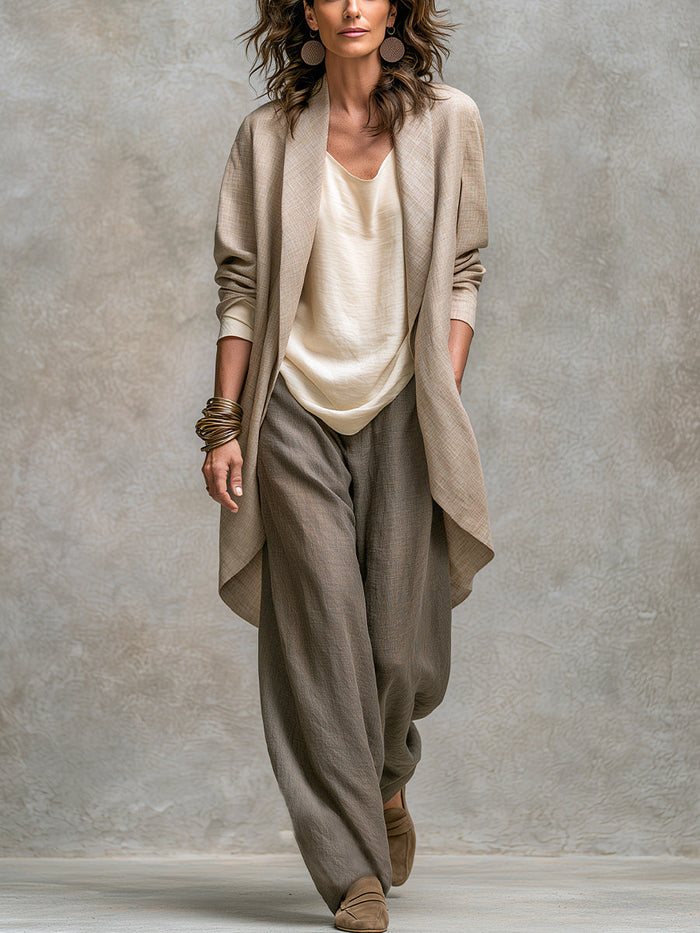 Elegant Beige-Grey Three-Piece Wide-Leg Suit
