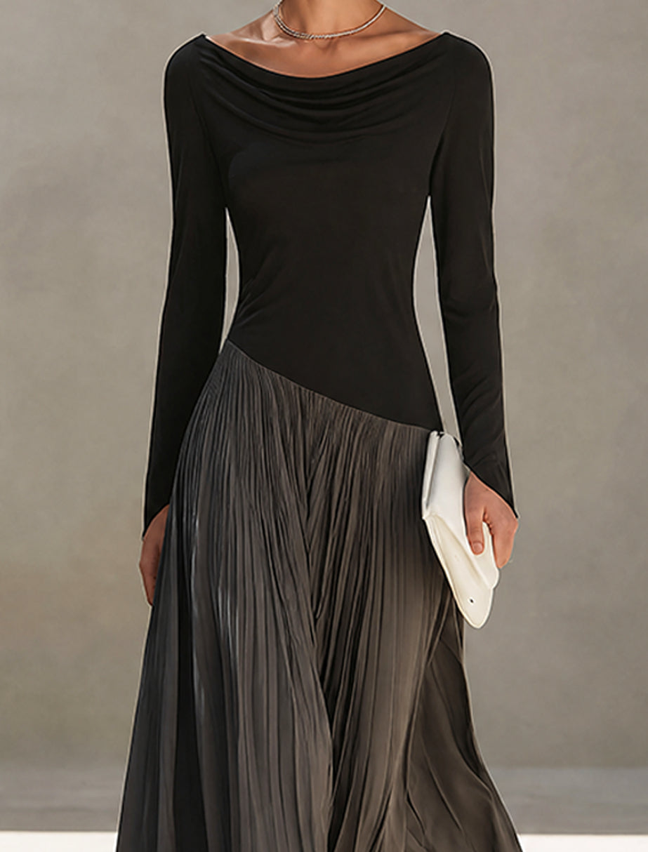 Nadine colour-block pleated maxi dress in black and grey, close-up of draped neckline