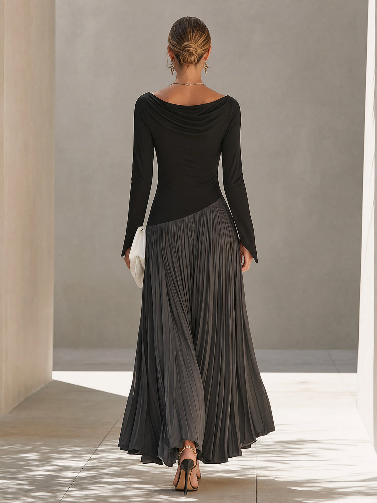 Nadine colour-block pleated maxi dress in black and grey, full-length back view