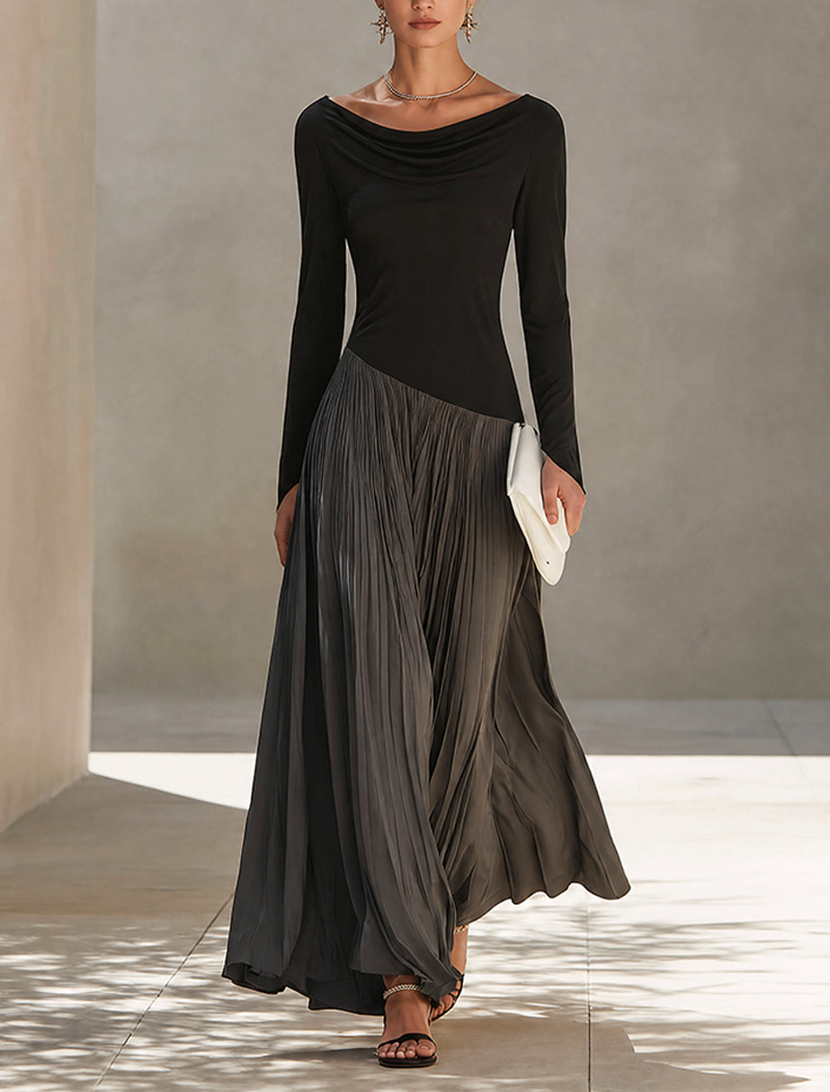 Trilby two-tone pleated maxi dress in black and grey, front view