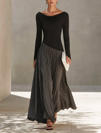 TRILBY | TWO-TONE PLEATED MAXI DRESS WITH COWL NECKLINE
