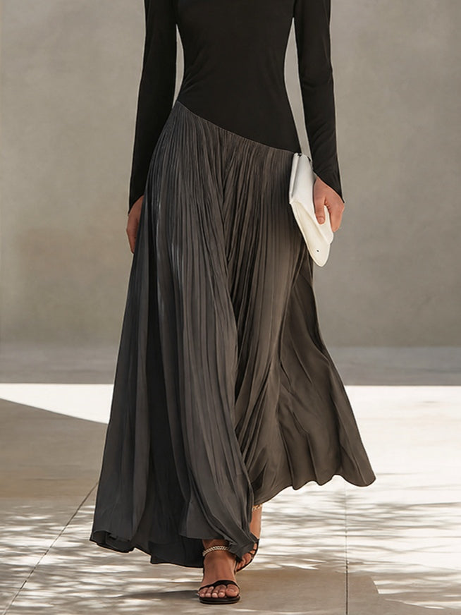 Nadine colour-block pleated maxi dress in black and grey, close-up of pleated skirt