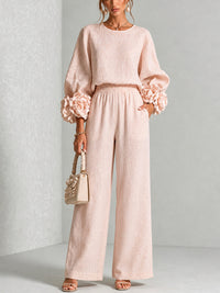 ODILE | FLORAL-CUFF TOP AND WIDE-LEG TROUSER SET