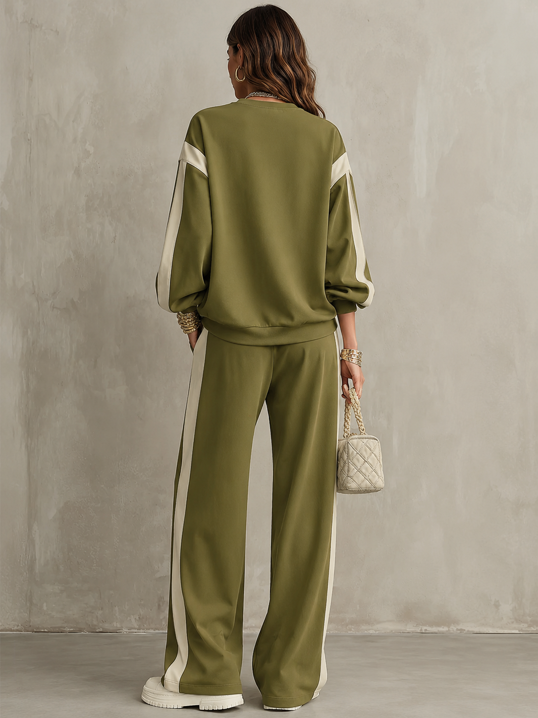Sonia olive sweatshirt co-ord set, full-length back view